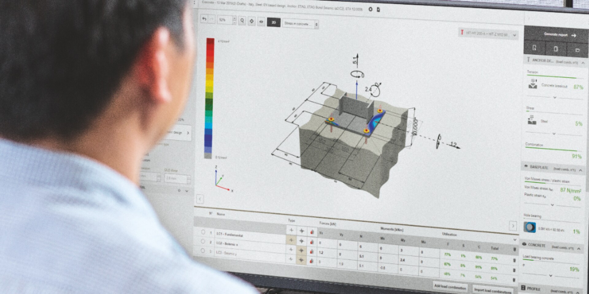 Man designing base plate with PROFIS Engineering Suite on a desktop