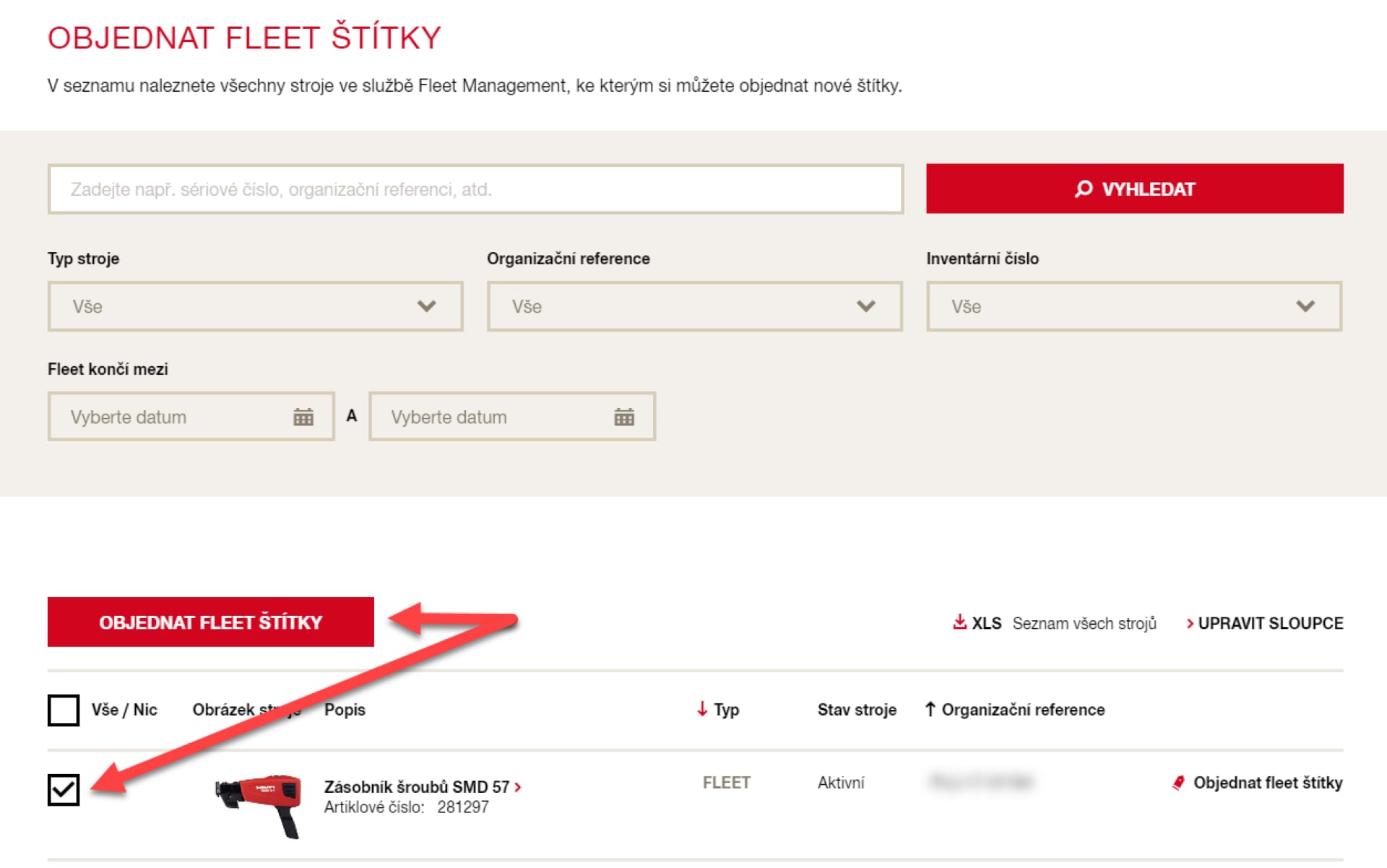 Seznam strojů pro objednání štítků