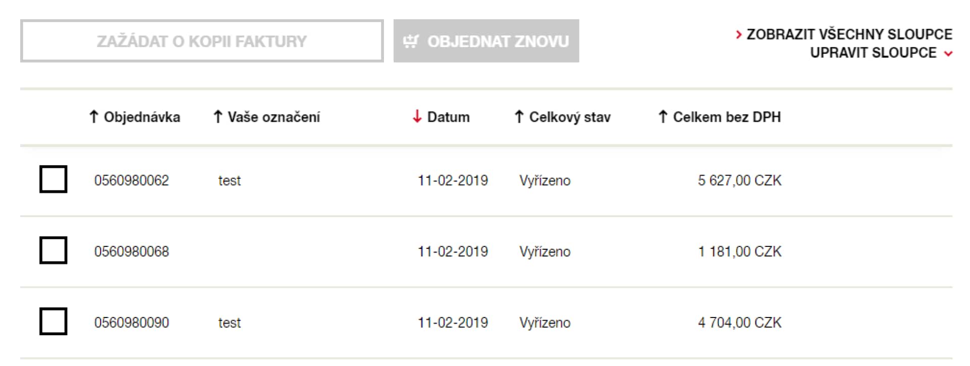Seznam objednávek