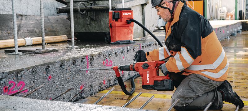 TE 60-22 Akumulátorové kombinované kladivo Výkonné a akumulátorové vŕtacie kladivo SDS Max (TE-Y) s vysokým pomerom výkonu a hmotnosti na náročné vŕtanie a sekanie do betónu a muriva (akumulátor Nuron) Použitie 1