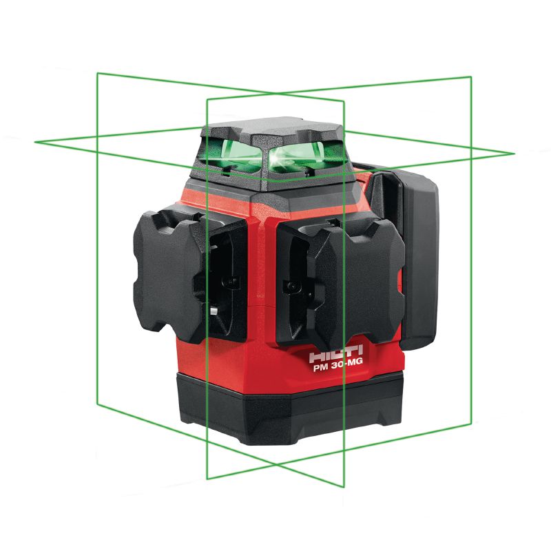 PM 30-MG Multilíniový laser Kompaktný multilíniový laser - 3x360° samonivelačné zelené línie pre rýchlejšiu niveláciu, vyrovnávanie a vymedzovanie (batériová platforma 12 V)