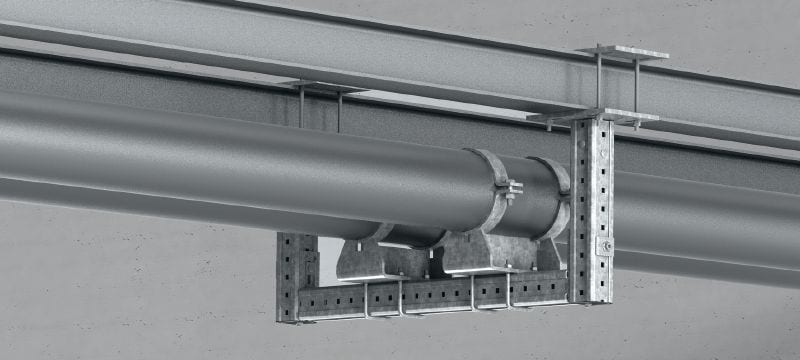 Potrubné uloženia MI-PS 2/2 Žiarovo zinkované (HDG) zdvojené potrubné uloženie na upevnenie potrubí DN 200-600 k MI nosníkom v ťažkých aplikáciách Použitie 1