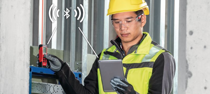 Laserový diaľkomer PD-I Robustný laserový merací prístroj s inteligentnými meracími funkciami a technológiou prepojenia cez Bluetooth® pre interiérové aplikácie s priemerom až 100 m/330 stôp Použitie 1