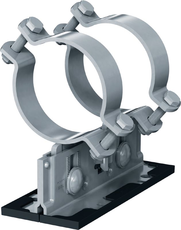 MP-PS 2-2 potrubné uloženie Nastaviteľné dvojité potrubné uloženia s náterom pre exteriér pre upevnenie potrubí s priemerom 21 – 328 mm (1/2 až 12) do rôznych základných materiálov v mierne koróznom prostredí