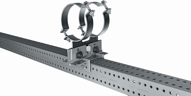 MP-PS 2-2 potrubné uloženie Nastaviteľné dvojité potrubné uloženia s náterom pre exteriér pre upevnenie potrubí s priemerom 21 – 328 mm (1/2 až 12) do rôznych základných materiálov v mierne koróznom prostredí