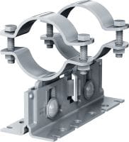 MP-PS 2-2 potrubné uloženie Nastaviteľné dvojité potrubné uloženia s náterom pre exteriér pre upevnenie potrubí s priemerom 21 – 328 mm (1/2 až 12) do rôznych základných materiálov v mierne koróznom prostredí