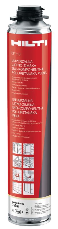 CF 710 celoročná pena s izolačnými vlastnosťami Celoročná polyuretánová pena sa ideálne hodí na vzduchové utesnenie a plnenie v širokom rozsahu teplôt