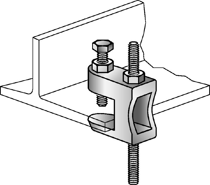 Nosníková svorka MAB Galvanicky pozinkovaná svorka na upevnenie závitových tyčí k šikmým oceľovým nosníkom bez vnútorného závitu