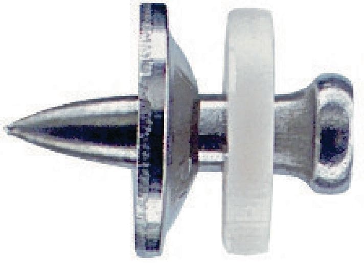 Klince z nehrdzavejúcej ocele s podložkou X-CR S12 Samostatný klinec s oceľovou podložkou pre prachom poháňané vsadzovacie stroje pre osadenie do ocele v korozívnom prostredí