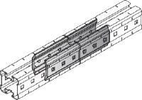 Spojka MIQC-E Žiarovo zinkovaná (HDG) spojka používaná na pripevnenie nosníkov MIQ pozdĺžne pre dlhé rozstupy v ťažkých aplikáciách