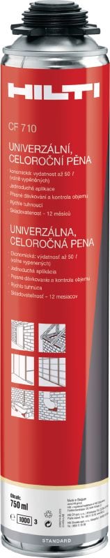 CF 710 celoročná pena s izolačnými vlastnosťami Celoročná polyuretánová pena sa ideálne hodí na vzduchové utesnenie a plnenie v širokom rozsahu teplôt