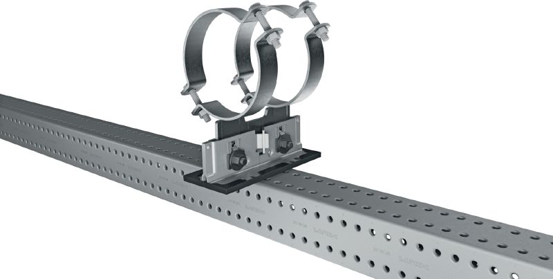 MP-PS 2-2 potrubné uloženie Nastaviteľné dvojité potrubné uloženia s náterom pre exteriér pre upevnenie potrubí s priemerom 21 – 328 mm (1/2 až 12) do rôznych základných materiálov v mierne koróznom prostredí