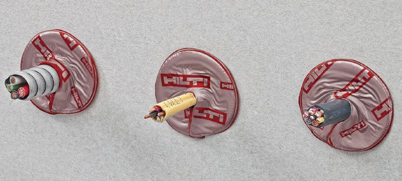 CFS-D 25 Protipožiarny káblový disk Samolepiaci disk z protipožiarneho tmelu pre samostatné káble a káblové zväzky v otvoroch priemeru až do 25 mm Použitie 1