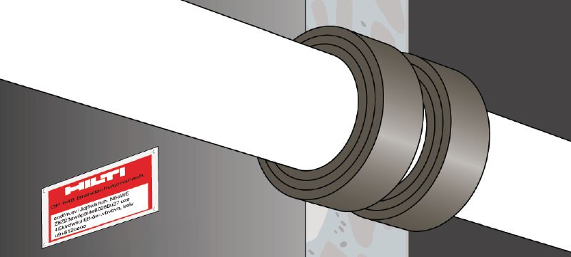 CP 648-E Protipožiarna speňujúca páska Speňujúca, flexibilná protipožiarna páska, ktorá vytvára protipožiarnu a protidymovú bariéru okolo prestupov horľavých potrubí Použitie 1