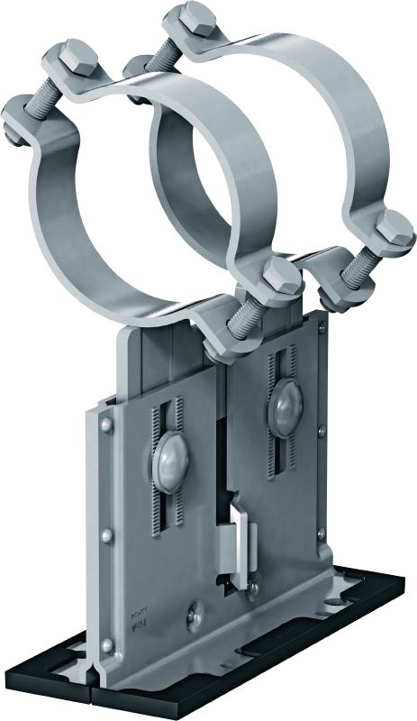 MP-PS 2-2 potrubné uloženie Nastaviteľné dvojité potrubné uloženia s náterom pre exteriér pre upevnenie potrubí s priemerom 21 – 328 mm (1/2 až 12) do rôznych základných materiálov v mierne koróznom prostredí