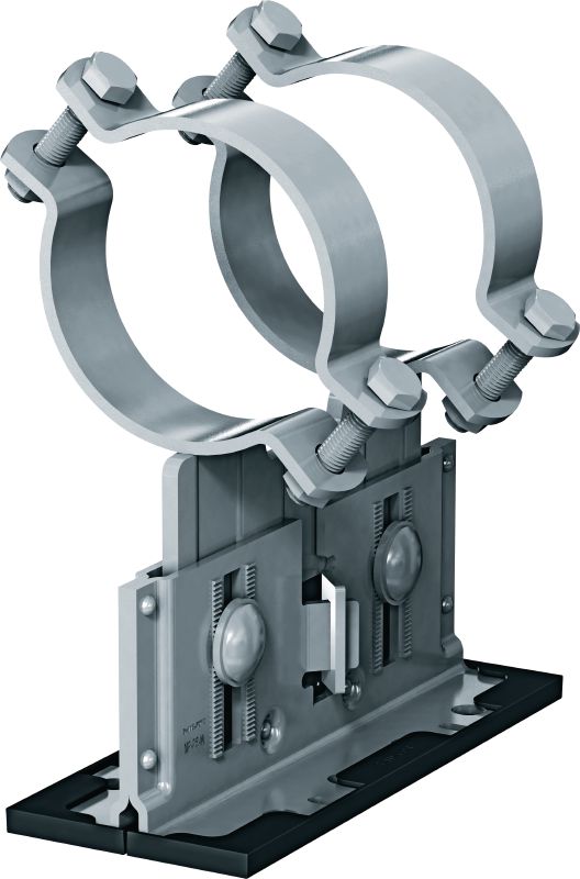 MP-PS 2-2 potrubné uloženie Nastaviteľné dvojité potrubné uloženia s náterom pre exteriér pre upevnenie potrubí s priemerom 21 – 328 mm (1/2 až 12) do rôznych základných materiálov v mierne koróznom prostredí