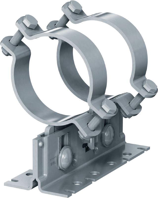 MP-PS 2-2 potrubné uloženie Nastaviteľné dvojité potrubné uloženia s náterom pre exteriér pre upevnenie potrubí s priemerom 21 – 328 mm (1/2 až 12) do rôznych základných materiálov v mierne koróznom prostredí